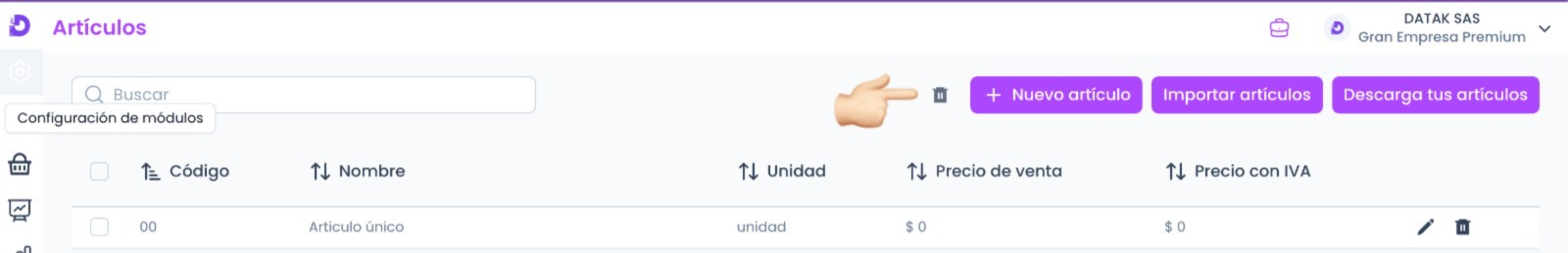 Módulo de artículos en Datak