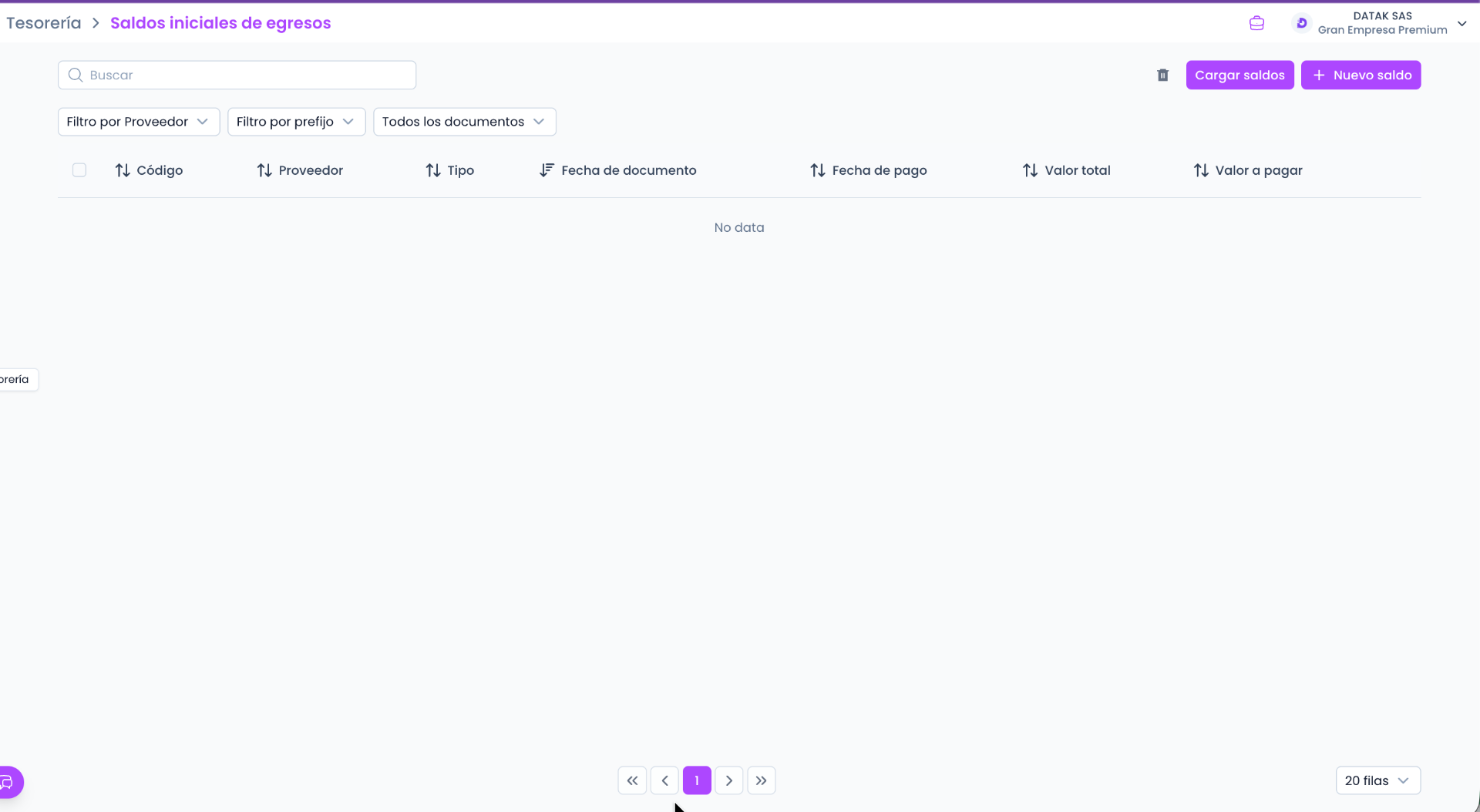 Saldos iniciales de tesorería en Datak